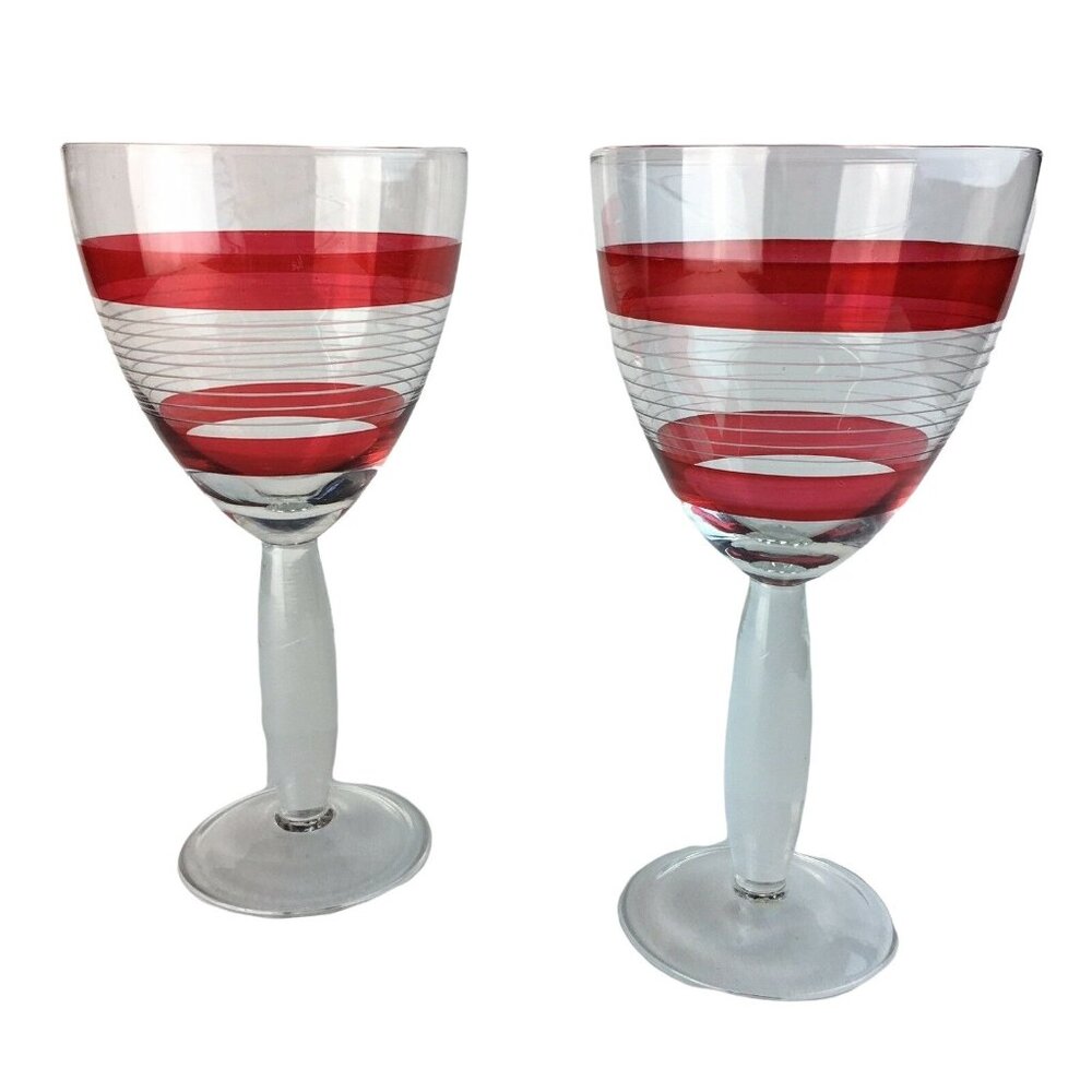 Clear Stemmed Glass Goblets Red Stripes 16 oz Oversized Lot 2 Large Barware u